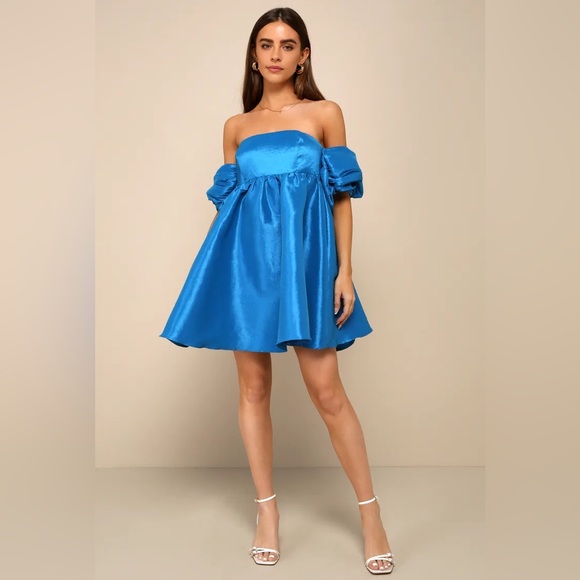 Lulus Sweet Vision Blue Taffeta Off The Shoulder Babydoll Mini Dress Size Medium - Picture 14 of 14